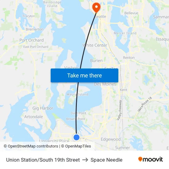 Tacoma Union Station to Space Needle map