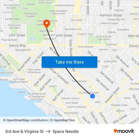 3rd Ave & Virginia St to Space Needle map