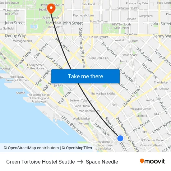 Green Tortoise Hostel Seattle to Space Needle map
