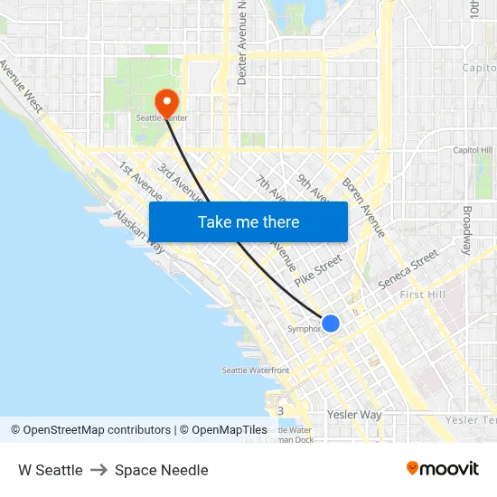 W Seattle to Space Needle map
