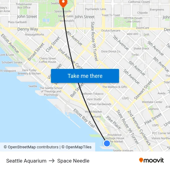 Seattle Aquarium to Space Needle map