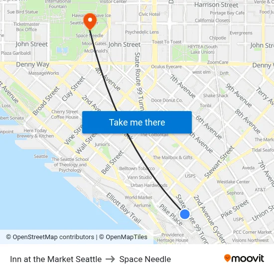 Inn at the Market Seattle to Space Needle map