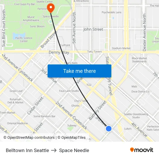 Belltown Inn Seattle to Space Needle map