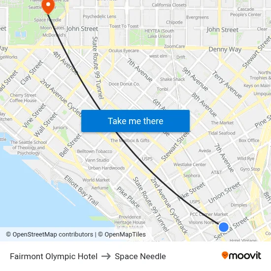 Fairmont Olympic Hotel to Space Needle map
