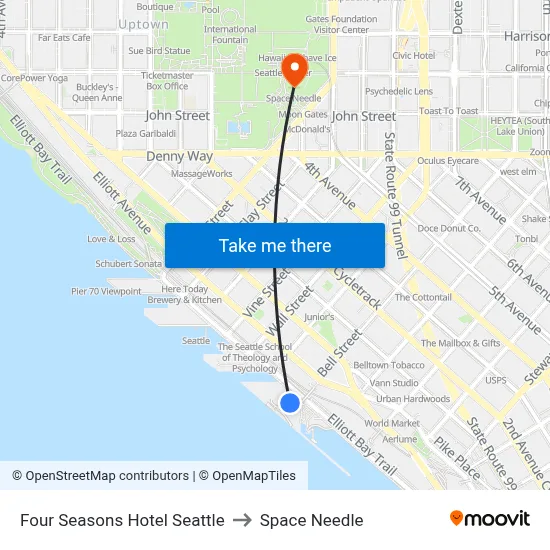 Four Seasons Hotel Seattle to Space Needle map