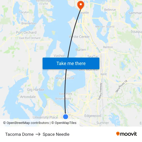 Tacoma Dome to Space Needle map