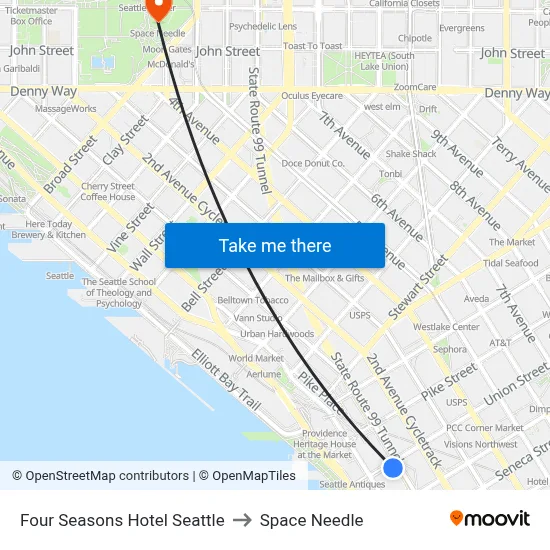 Four Seasons Hotel Seattle to Space Needle map