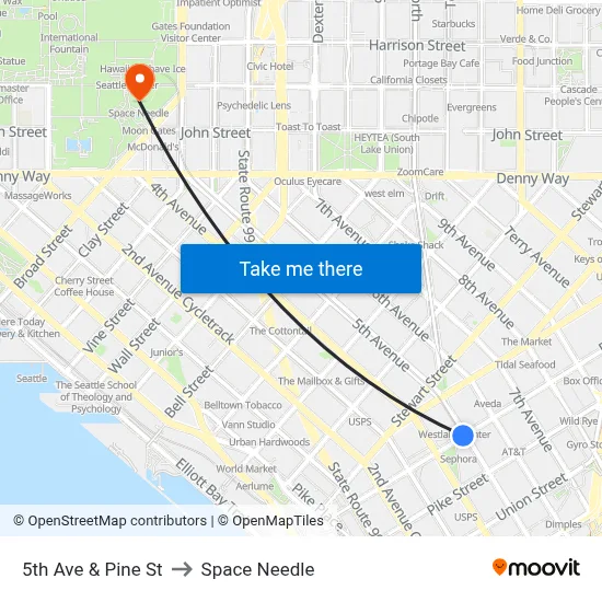 5th Ave & Pine St to Space Needle map