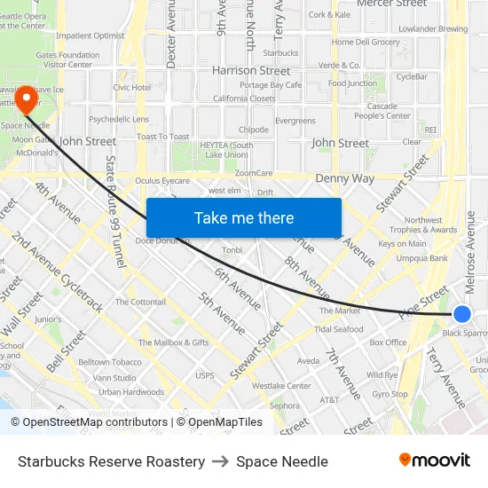 Starbucks Reserve Roastery to Space Needle map