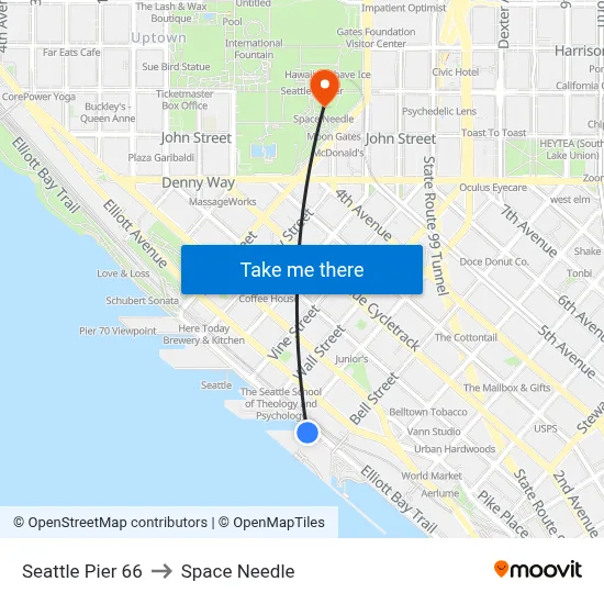 Seattle Pier 66 to Space Needle map