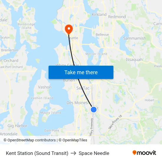 Kent Station (Sound Transit) to Space Needle map