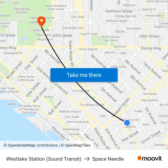 Westlake Station (Sound Transit) to Space Needle map