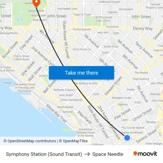 Symphony Station (Sound Transit) to Space Needle map