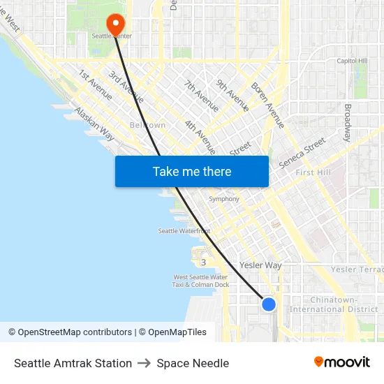 Seattle Amtrak Station to Space Needle map