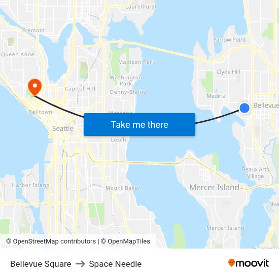 Bellevue Square, 100th Ave NE to Space Needle map