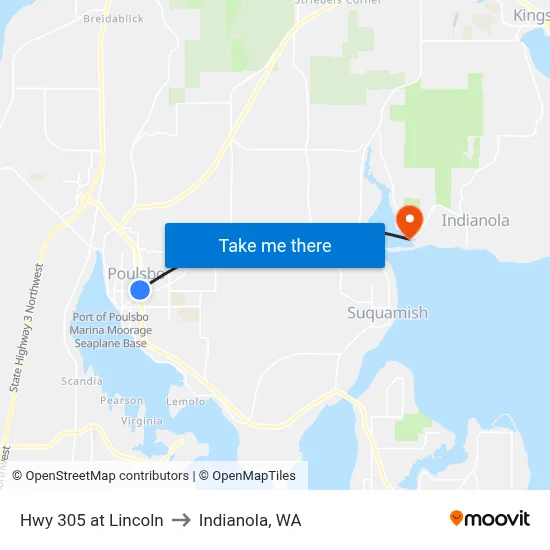 Hwy 305 at Lincoln to Indianola, WA map