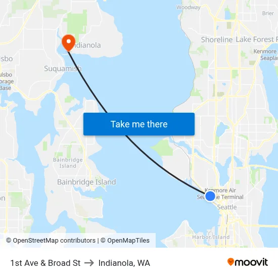 1st Ave & Broad St to Indianola, WA map