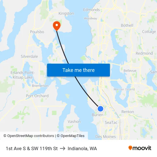 1st Ave S & SW 119th St to Indianola, WA map