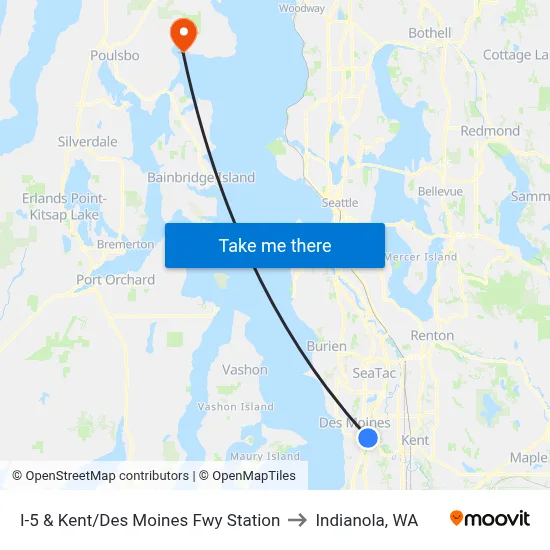 I-5 & Kent/Des Moines Fwy Station to Indianola, WA map