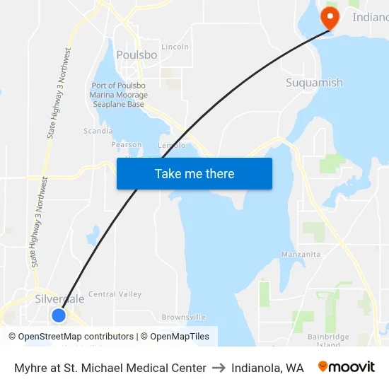 Myhre at St. Michael Medical Center to Indianola, WA map