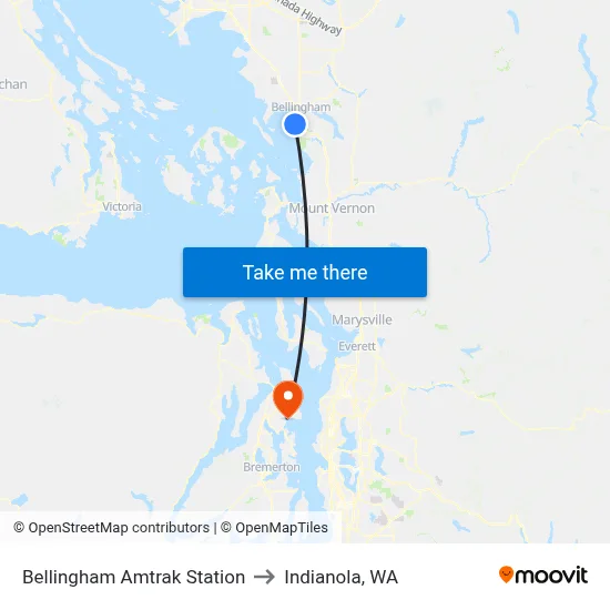 Bellingham Amtrak Station to Indianola, WA map