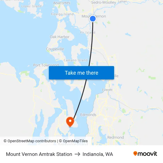 Mount Vernon Amtrak Station to Indianola, WA map