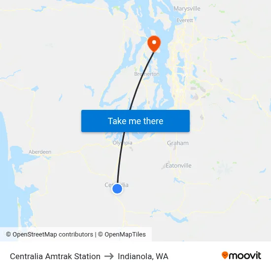 Centralia Amtrak Station to Indianola, WA map
