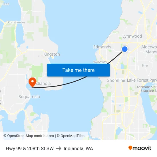 Hwy 99 & 208th St SW to Indianola, WA map