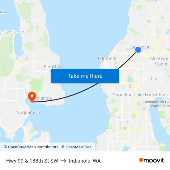 Hwy 99 & 188th St SW to Indianola, WA map