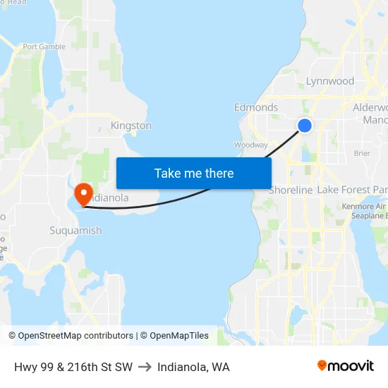 Hwy 99 & 216th St SW to Indianola, WA map