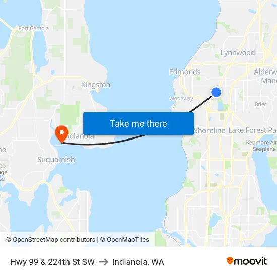Hwy 99 & 224th St SW to Indianola, WA map