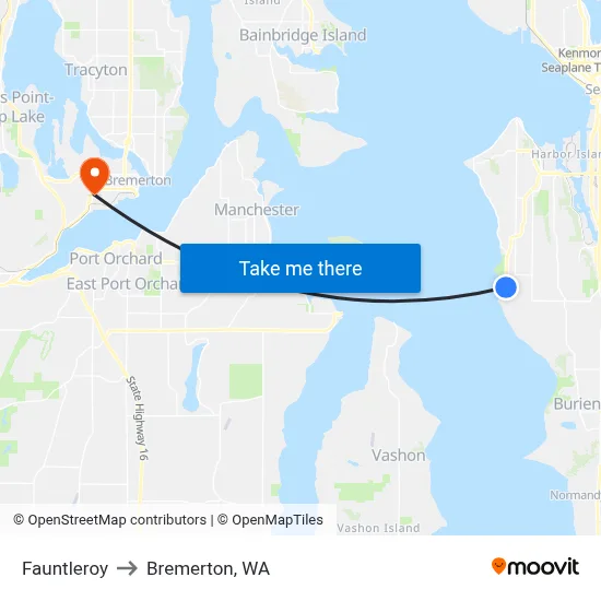 Fauntleroy to Bremerton, WA map