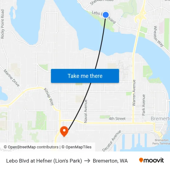 Lebo Blvd at Hefner (Lion's Park) to Bremerton, WA map