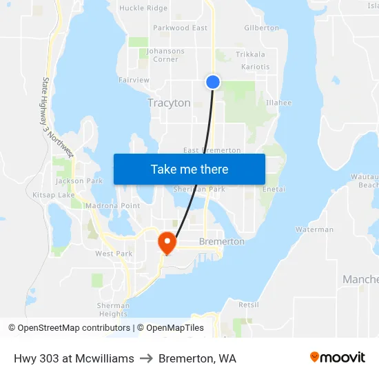 Hwy 303 at Mcwilliams to Bremerton, WA map