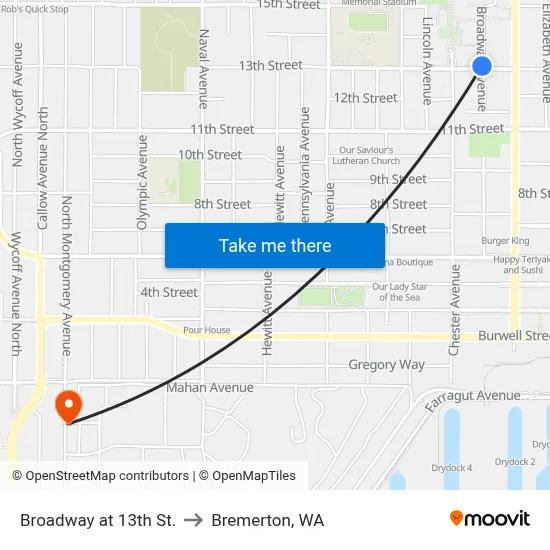 Broadway at 13th St. to Bremerton, WA map