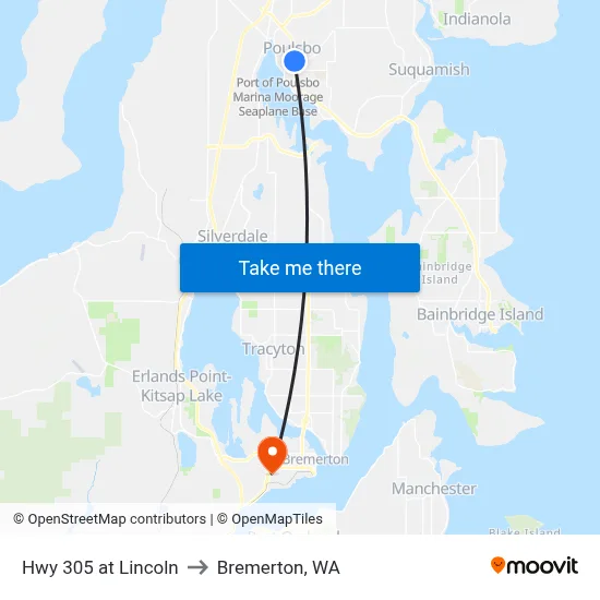 Hwy 305 at Lincoln to Bremerton, WA map