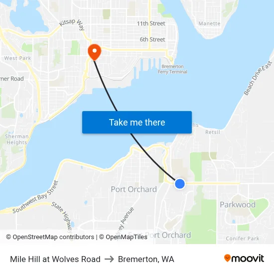 Mile Hill at Wolves Road to Bremerton, WA map