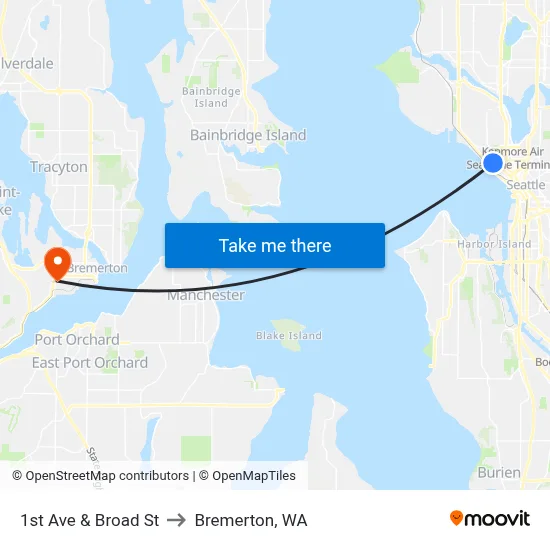 1st Ave & Broad St to Bremerton, WA map