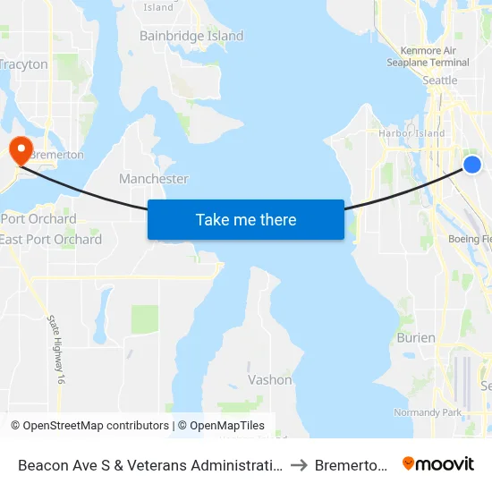Beacon Ave S & Veterans Administration Hospital to Bremerton, WA map