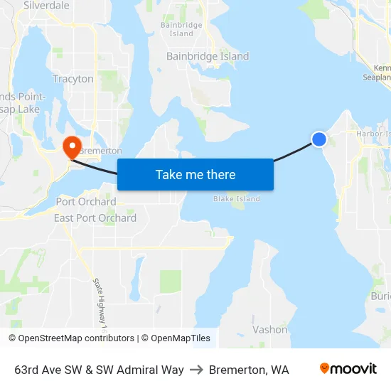 63rd Ave SW & SW Admiral Way to Bremerton, WA map
