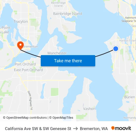 California Ave SW & SW Genesee St to Bremerton, WA map