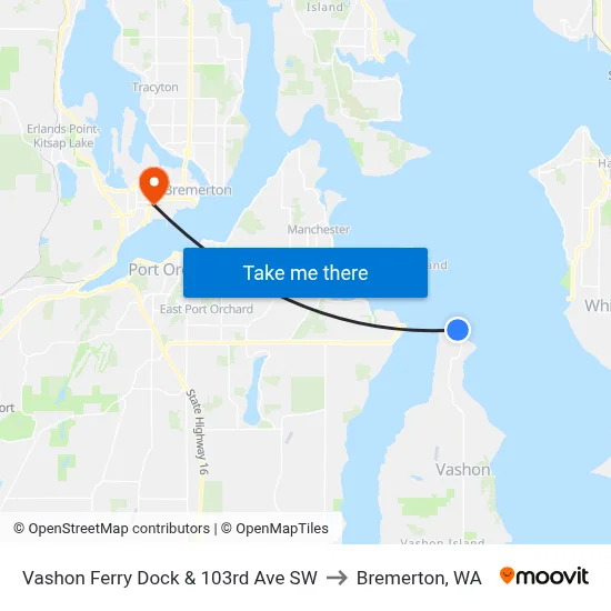 Vashon Ferry Dock & 103rd Ave SW to Bremerton, WA map