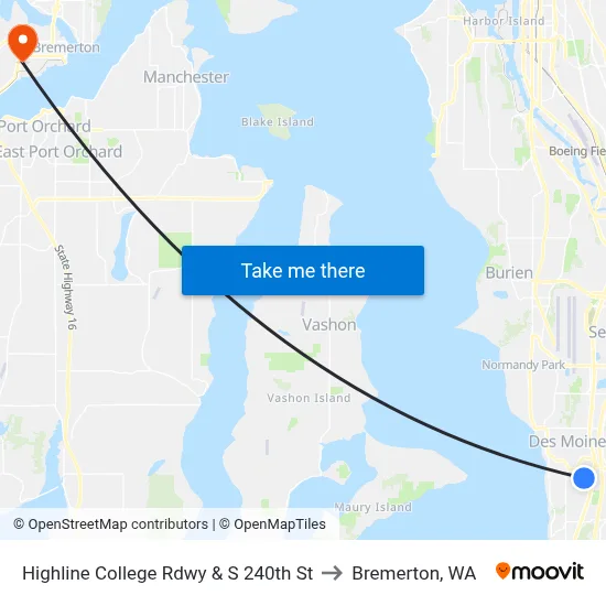 Highline College Rdwy & S 240th St to Bremerton, WA map