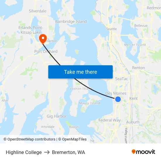 Highline College to Bremerton, WA map