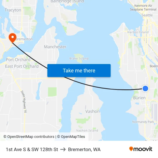 1st Ave S & SW 128th St to Bremerton, WA map
