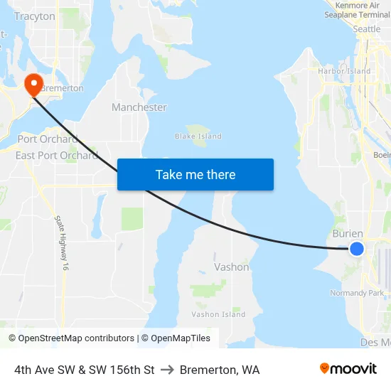 4th Ave SW & SW 156th St to Bremerton, WA map