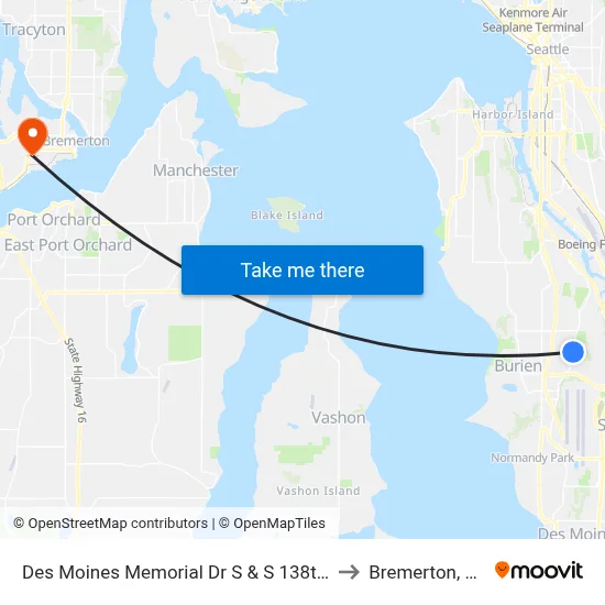 Des Moines Memorial Dr S & S 138th St to Bremerton, WA map