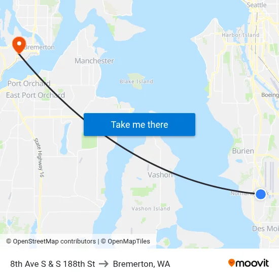 8th Ave S & S 188th St to Bremerton, WA map