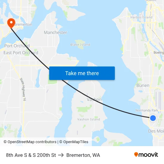 8th Ave S & S 200th St to Bremerton, WA map
