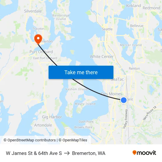 W James St & 64th Ave S to Bremerton, WA map
